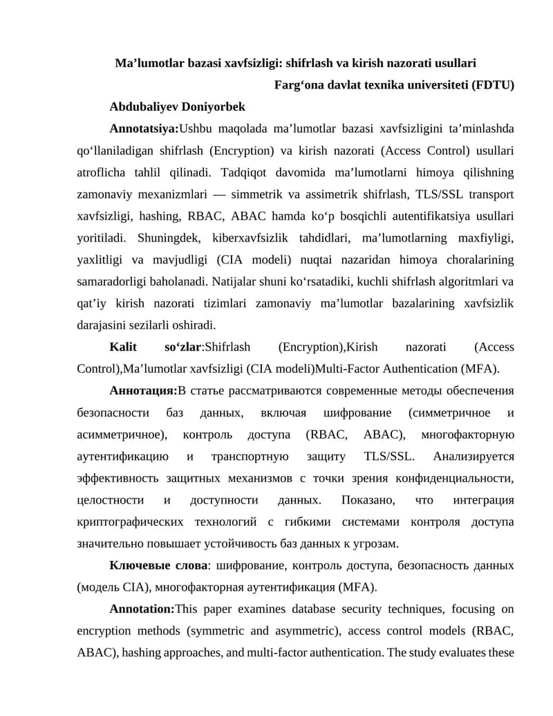 Ma’lumotlar bazasi xavfsizligi: shifrlash va kirish nazorati usullari