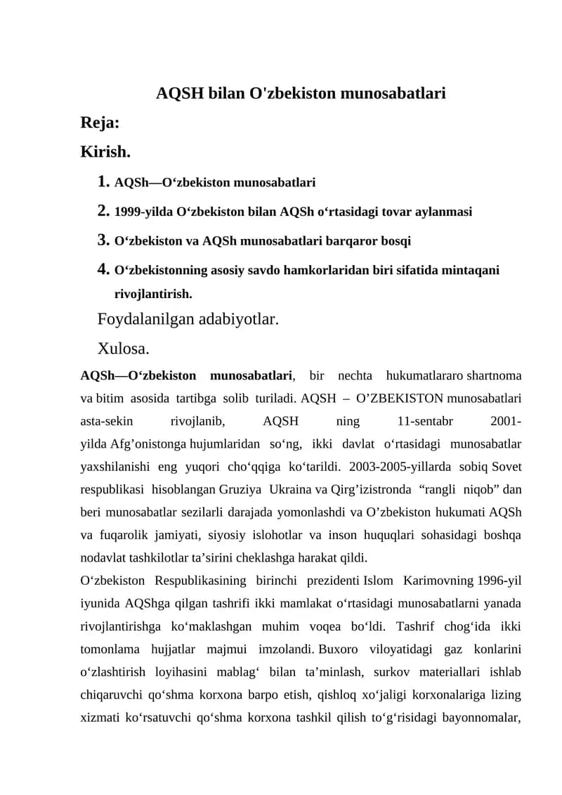 AQSH bilan O'zbekiston munosabatlari