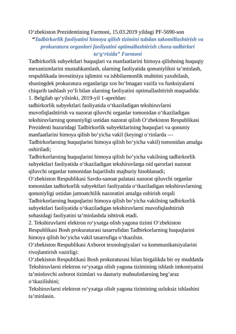 Tadbirkorlik faoliyatini himoya qilish tizimini tubdan takomillashtirish va prokuratura organlari faoliyatini optimallashtirish chora-tadbirlari