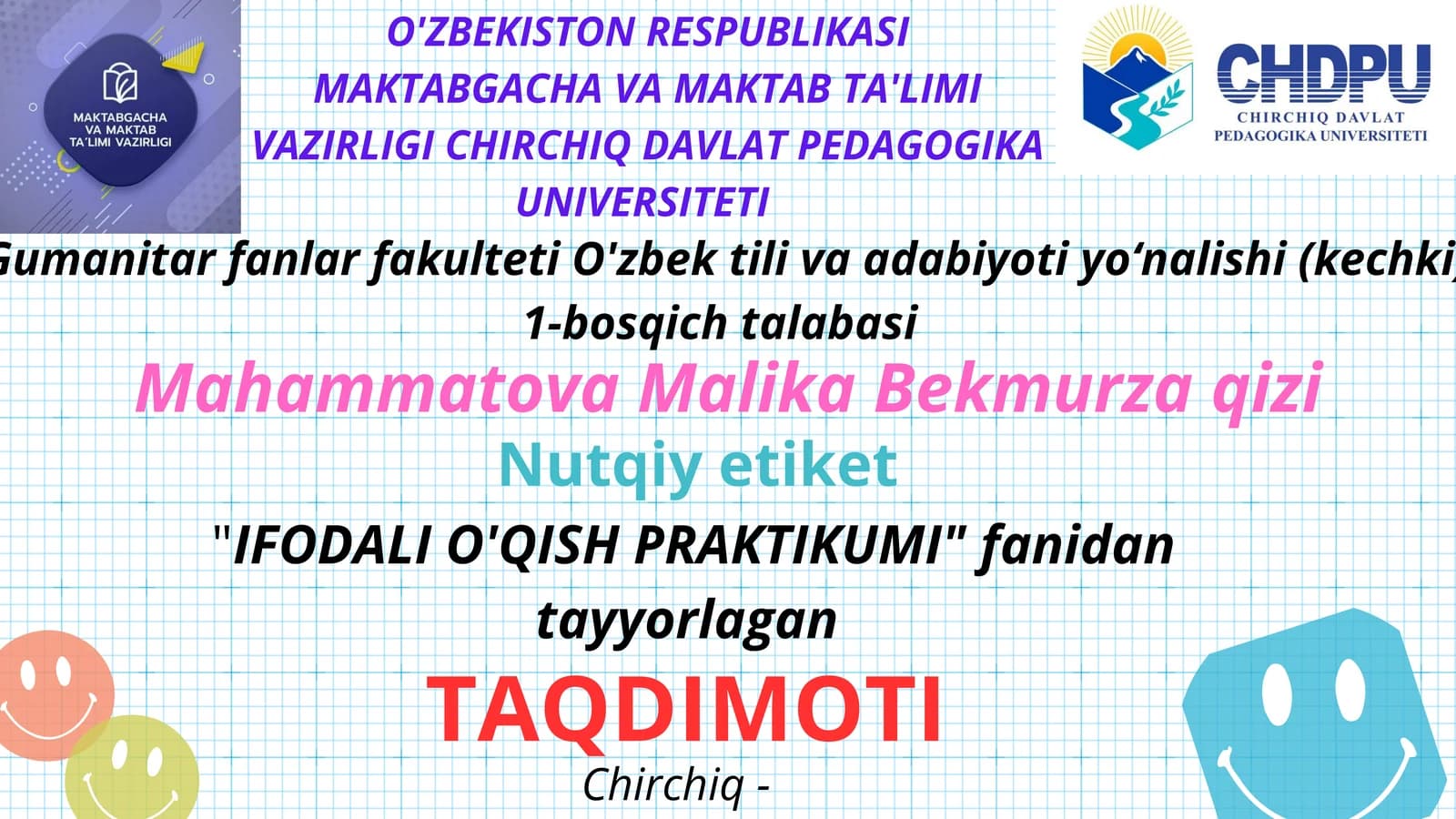IFODALI O'QISH PRAKTIKUMI" fanidan tayyorlagan TAQDIMOTI