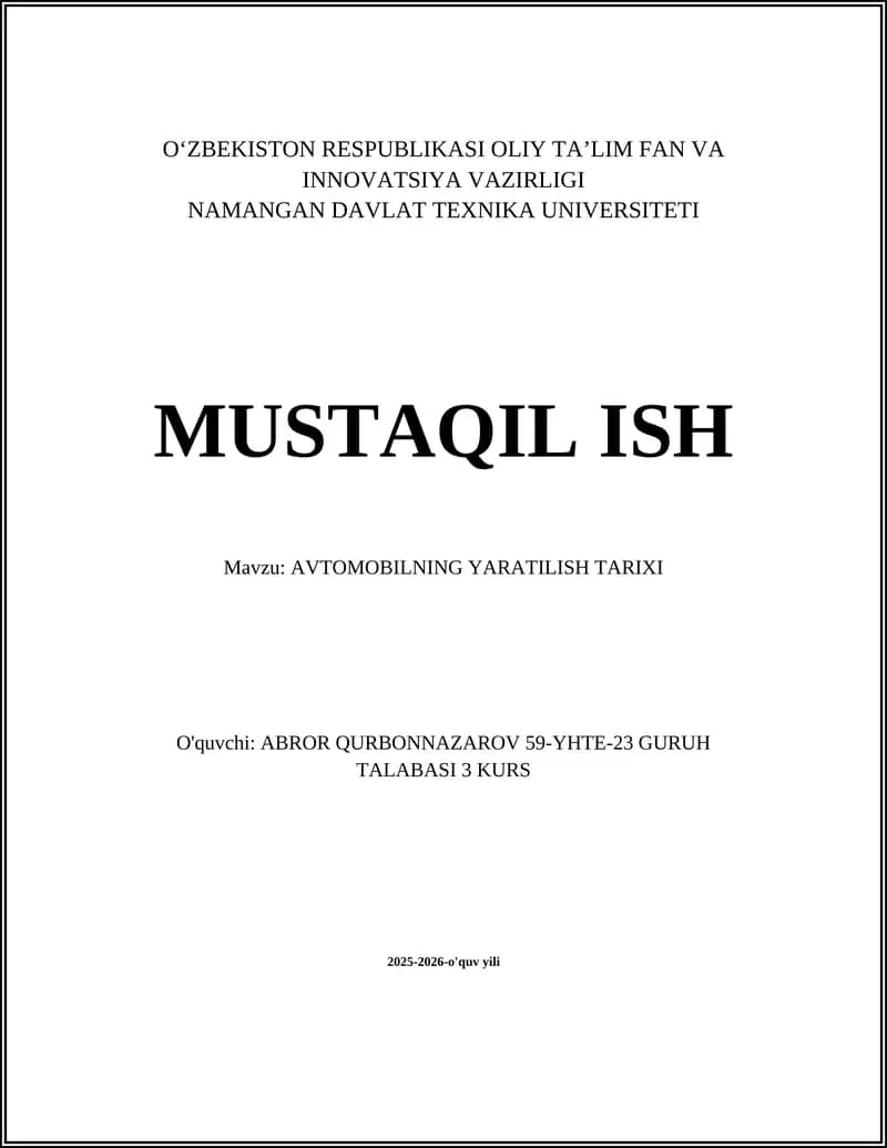 AVTOMOBILNING YARATILISH TARIXI