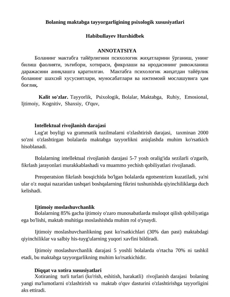 Bolaning maktabga tayyorgarligining psixologik xususiyatlari