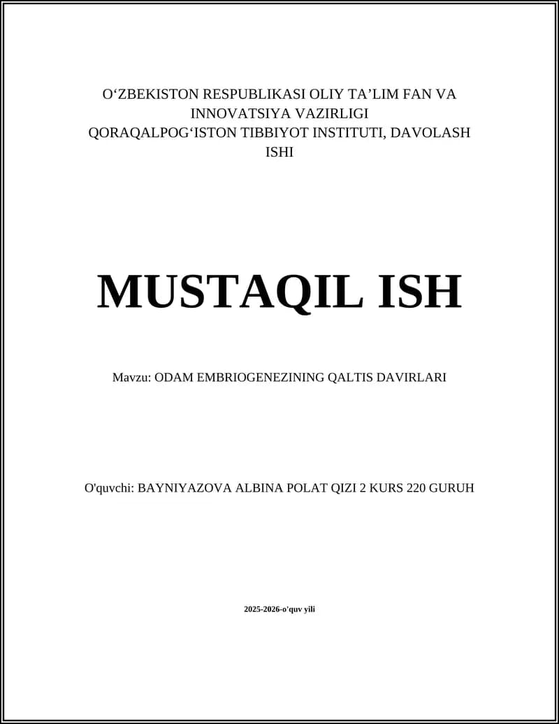 ODAM EMBRIOGENEZINING QALTIS DAVIRLARI