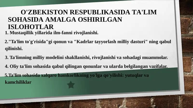 O'ZBEKISTON RESPUBLIKASIDA TA'LIM  SOHASIDA AMALGA OSHIRILGAN ISLOHOTLAR