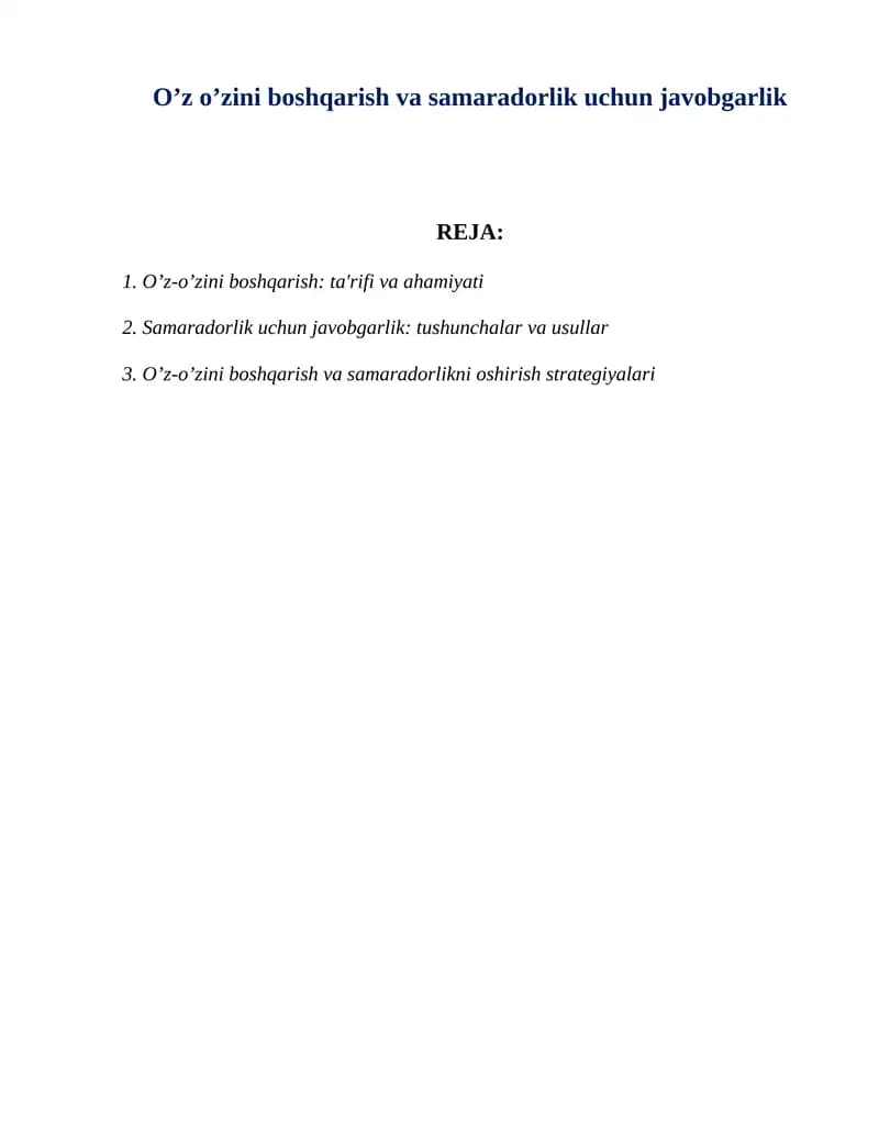 O’z o’zini boshqarish va samaradorlik uchun javobgarlik