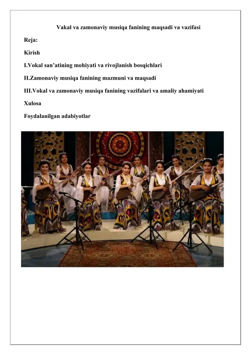 Vokal va zamonaviy musiqa fanining maqsadi va vazifasi