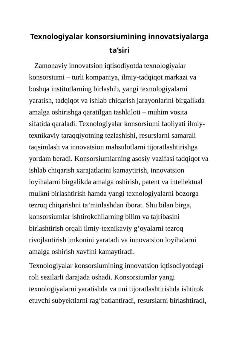 Texnologiyalar konsorsiumi - innovatsiyalarga ta’siri