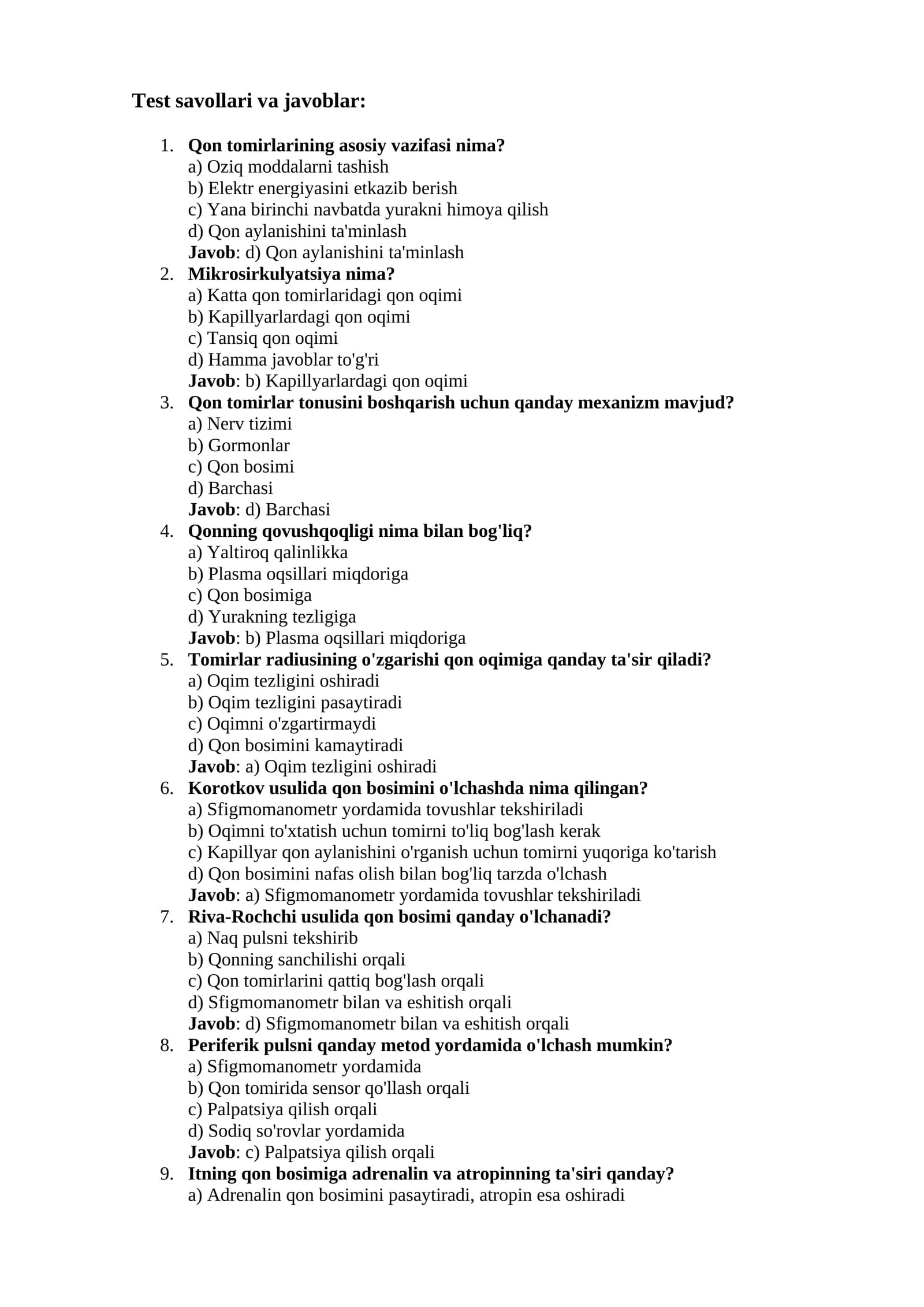 Test savollari va javoblar