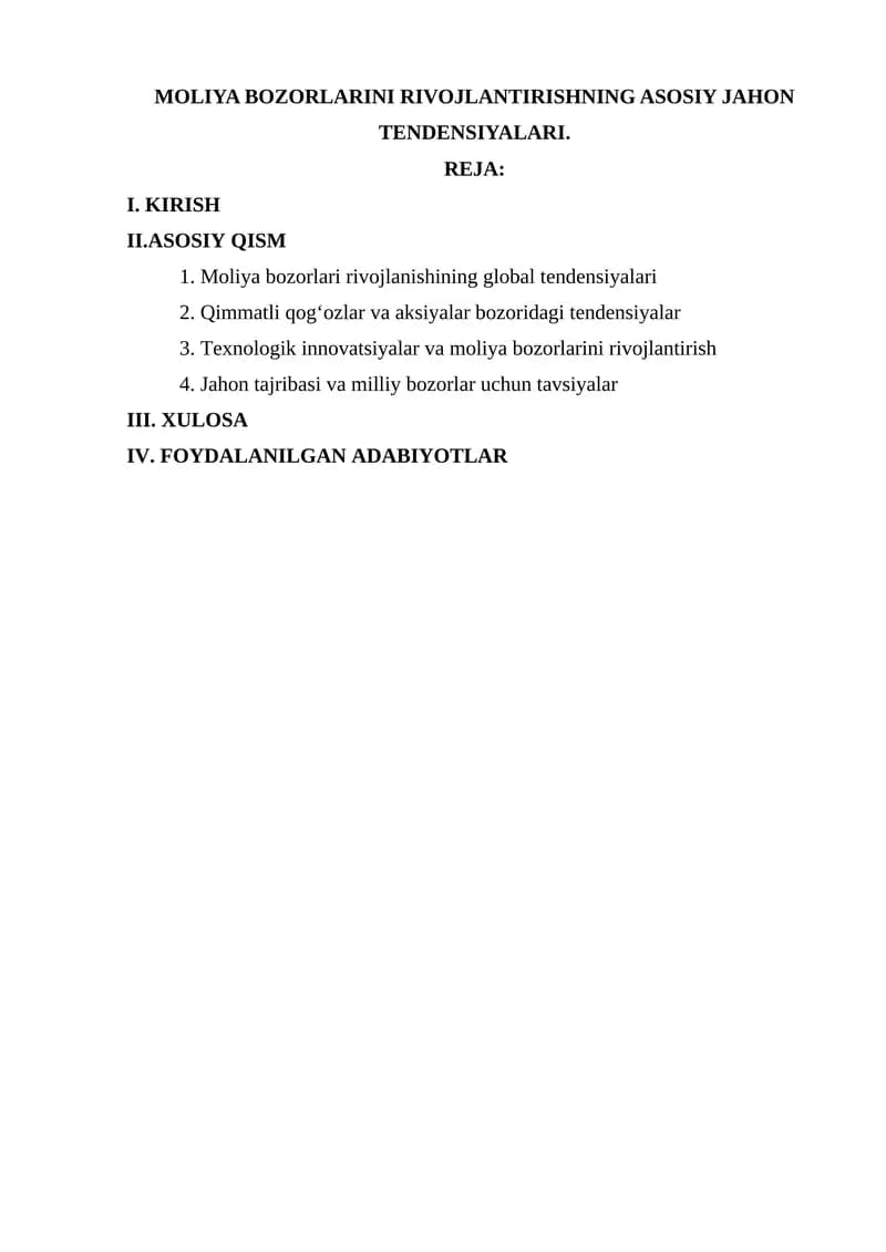 MOLIYA BOZORLARINI RIVOJLANTIRISHNING ASOSIY JAHON TENDENSIYALARI
