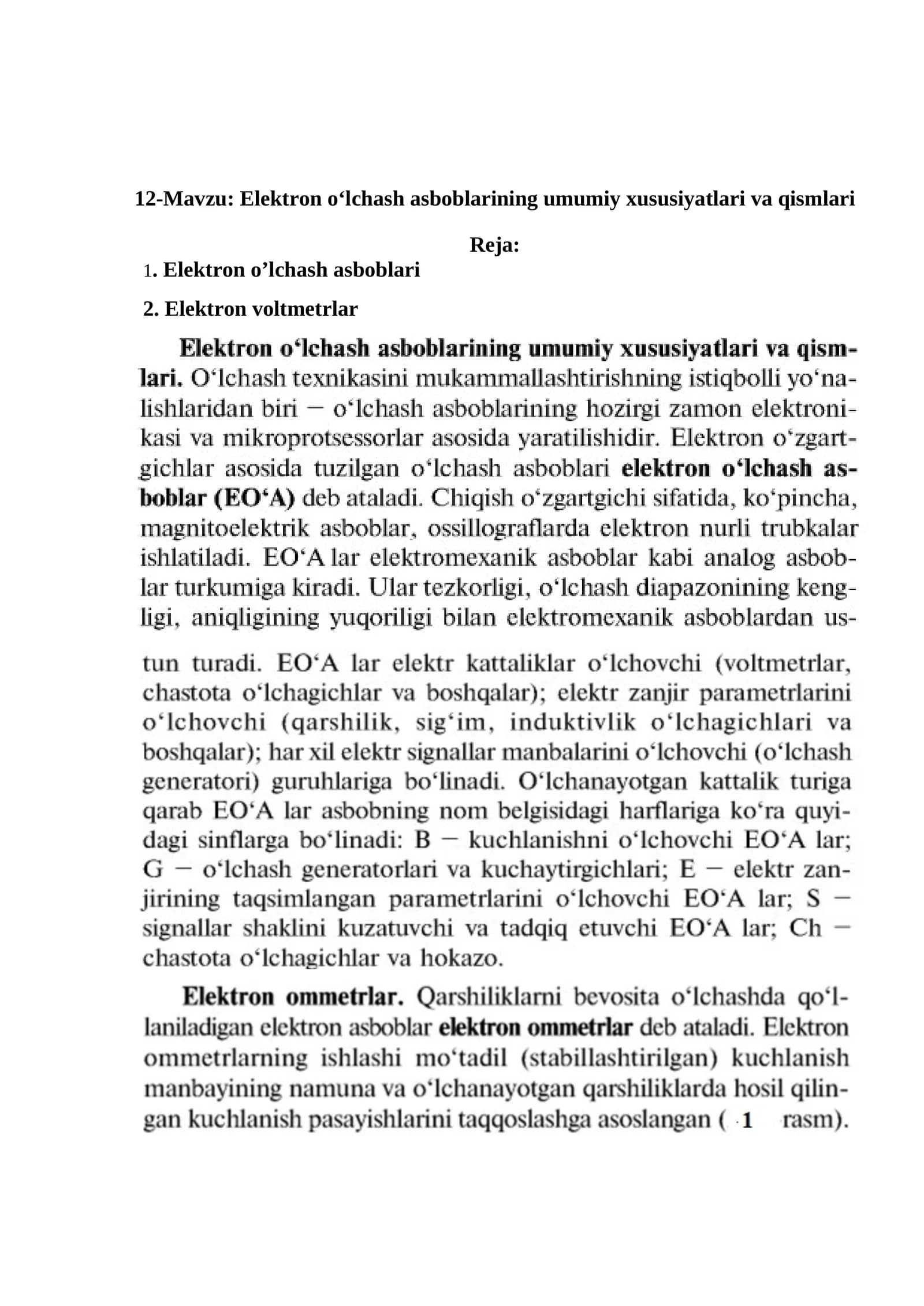 Elektron o‘lchash asboblarining umumiy xususiyatlari va qismlari