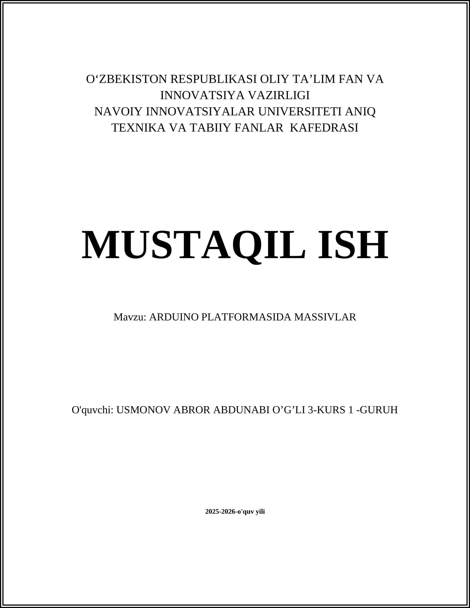 ARDUINO PLATFORMASIDA MASSIVLAR