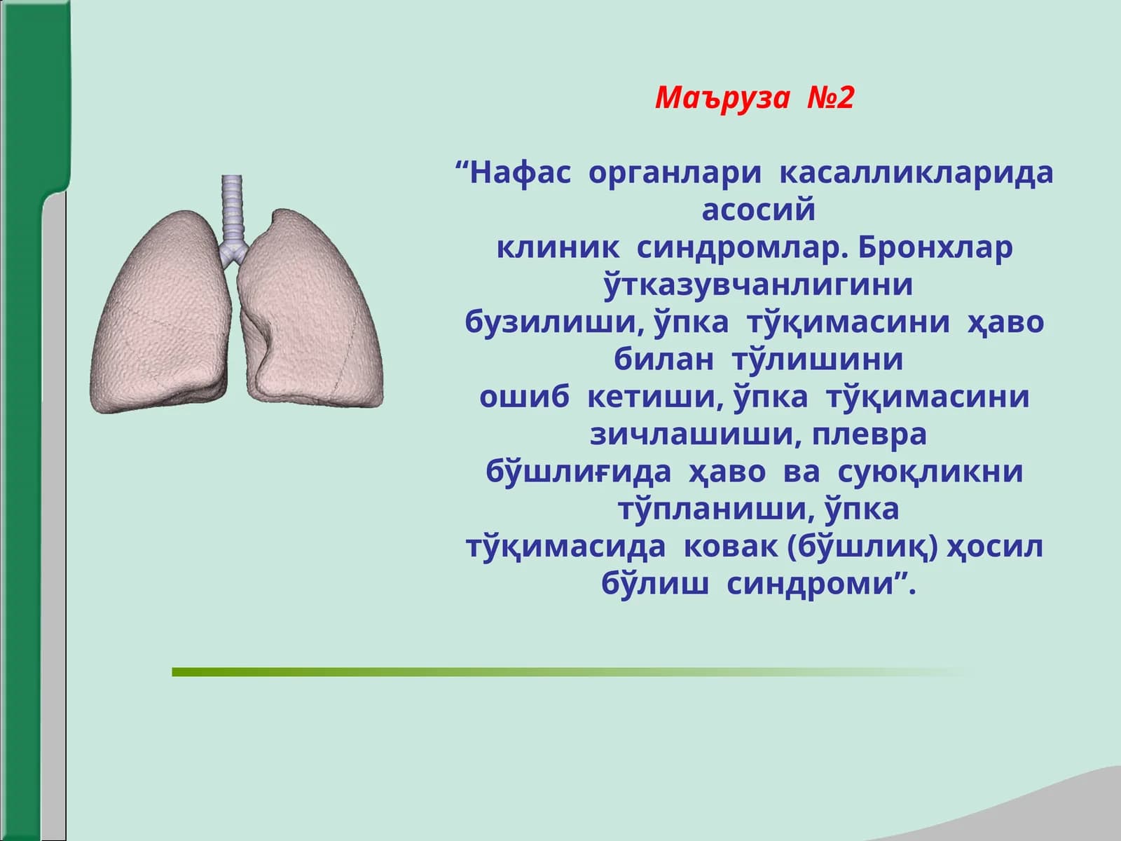 Нафас органлари касалликларида асосий клиник синдромлар. Бронхлар ўтказувчанлигини бузилиши, ўпка тўқимасини ҳаво билан тўлишини оши6 кетиши, ўпка тўқимасини зичлашиши, плевра бўшлиғида ҳаво ва суюқликни тўпланиши, ўпка тўқимасида ковак (бўшлиқ) ҳосил бўлиш синдроми