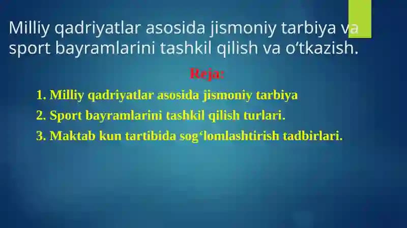 Milliy qadriyatlar asosida jismoniy tarbiya va sport bayramlarini tashkil qilish va o‘tkazish.