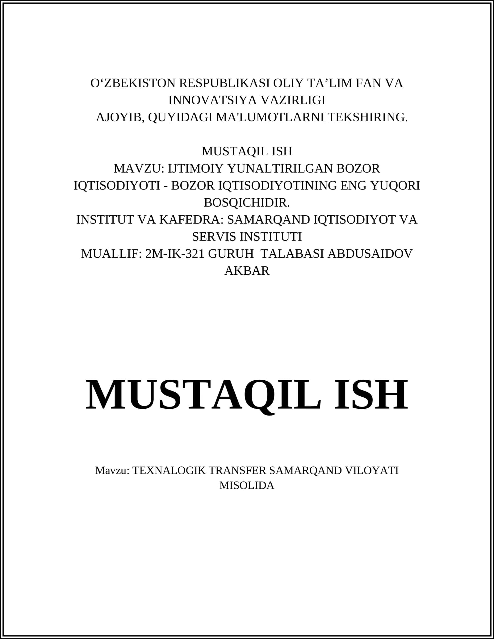 TEXNALOGIK TRANSFER SAMARQAND VILOYATI MISOLIDA