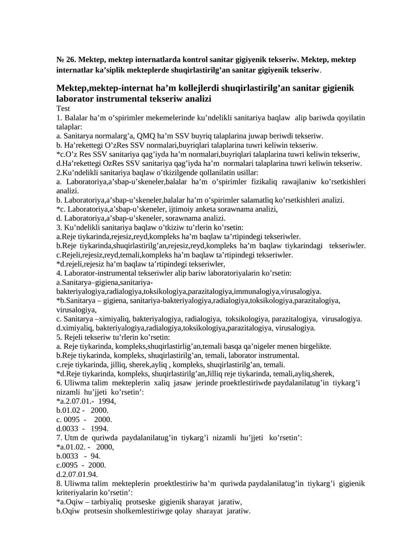Mektep, mektep internatlarda kontrol sanitar gigiyenik tekseriw