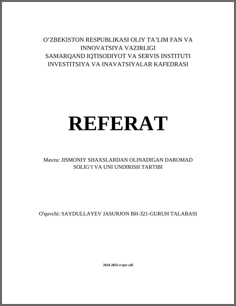 Jismoniy Shaxslardan Olinadigan Daromad Soligʻi va Uni Undirish Tartibi