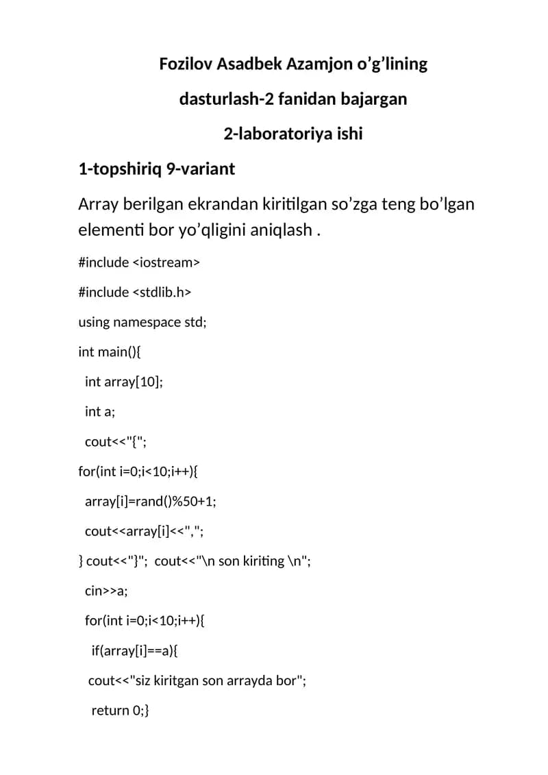 Array berilgan ekrandan kiritilgan so’zga teng bo’lgan elementi aniqlash