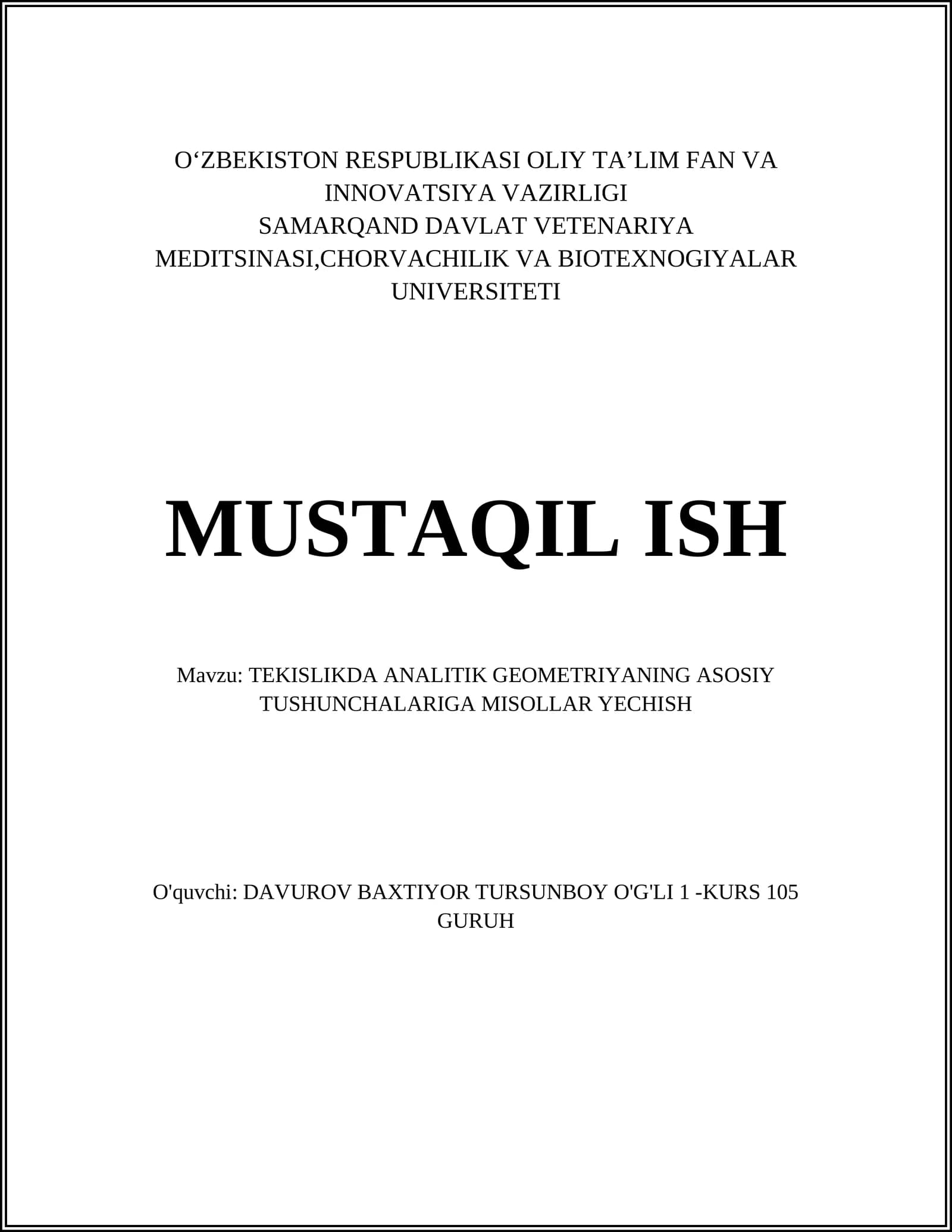 TEKISLIKDA ANALITIK GEOMETRIYANING ASOSIY TUSHUNCHALARIGA MISOLLAR YECHISH