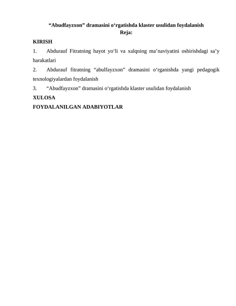 Abudfayzxon dramasini o‘rgatishda klaster usulidan foydalanish