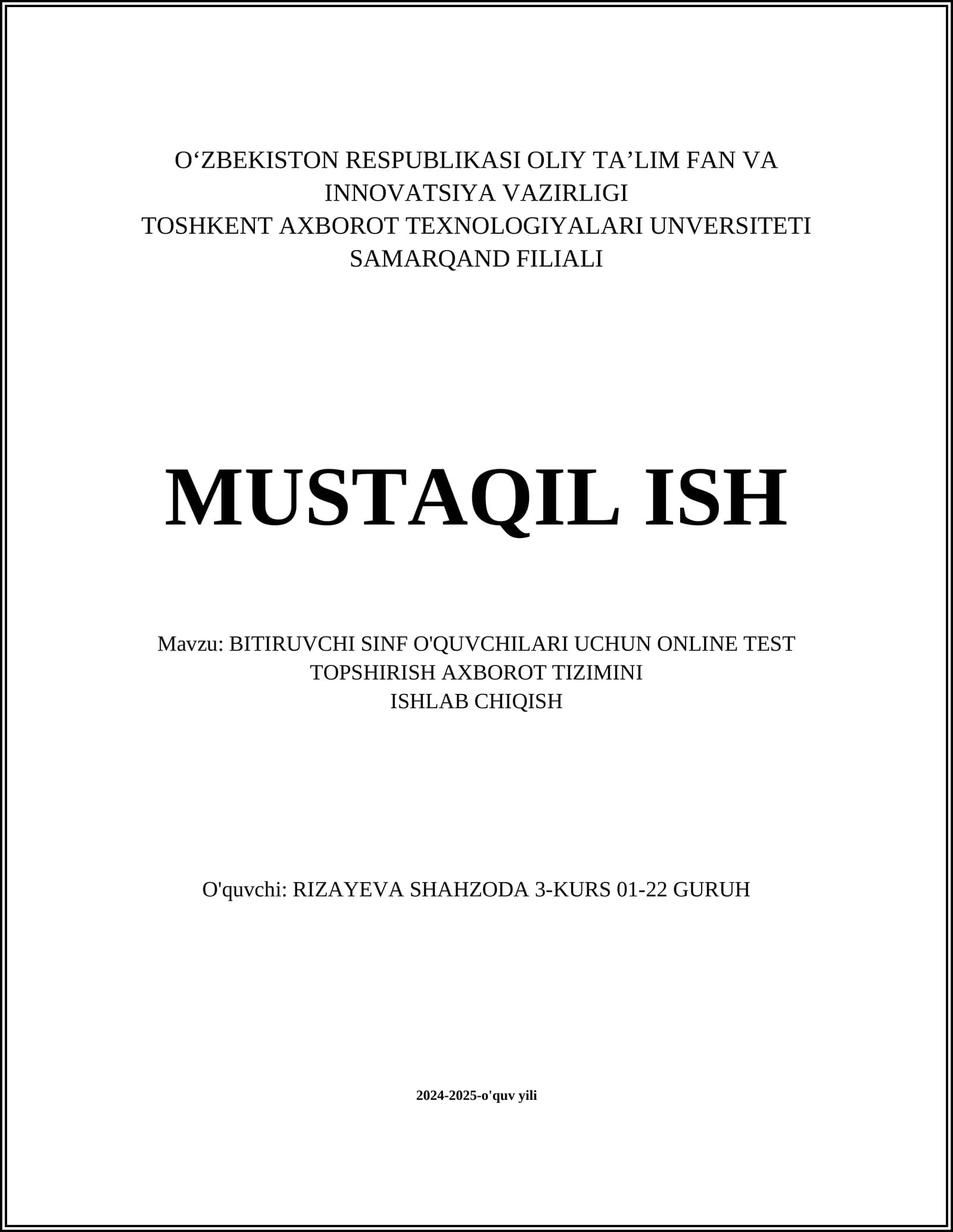 BITIRUVCHI SINF O'QUVCHILARI UCHUN ONLINE TEST TOPSHIRISH AXBOROT TIZIMINI ISHLAB CHIQISH