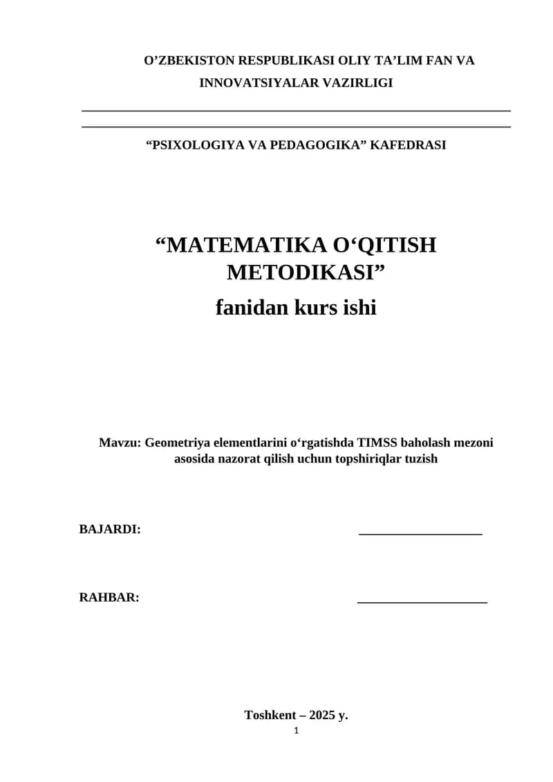 Geometriya elementlarini oʻrgatishda TIMSS baholash mezoni asosida nazorat qilish uchun topshiriqlar tuzish