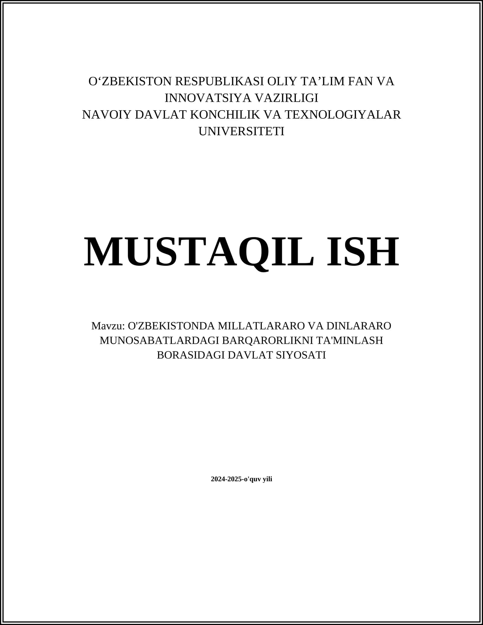 O'ZBEKISTONDA MILLATLARARO VA DINLARARO MUNOSABATLARDAGI BARQARORLIKNI TA'MINLASH BORASIDAGI DAVLAT SIYOSATI