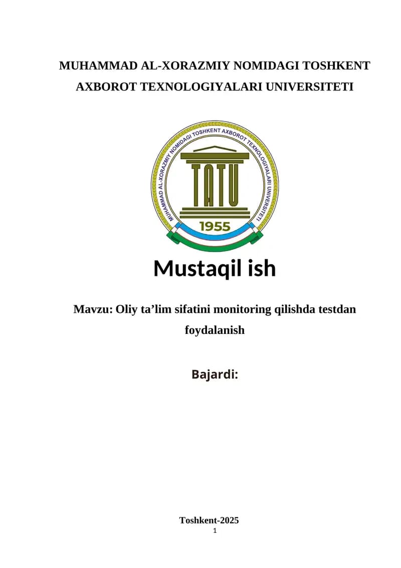 : Oliy ta’lim sifatini monitoring qilishda testdan foydalanish