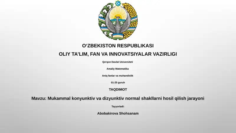 Mukammal konyunktiv va dizyunktiv normal shakllarni hosil qilish jarayoni
