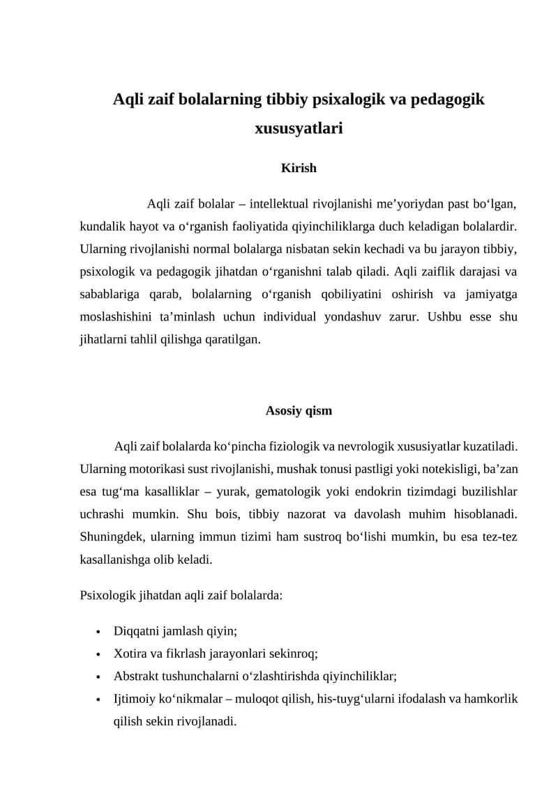 Aqli zaif bolalarning tibbiy psixalogik va pedagogik xususyatlari