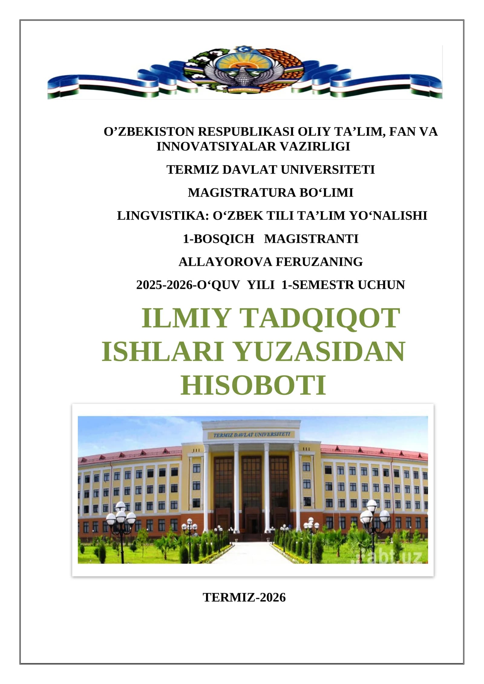 Magistratura 1-kurs talabasining 1-semestrdagi bajaradigan ilmiy tadqiqot ishlari jadvali