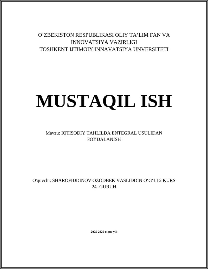 IQTISODIY TAHLILDA ENTEGRAL USULIDAN FOYDALANISH