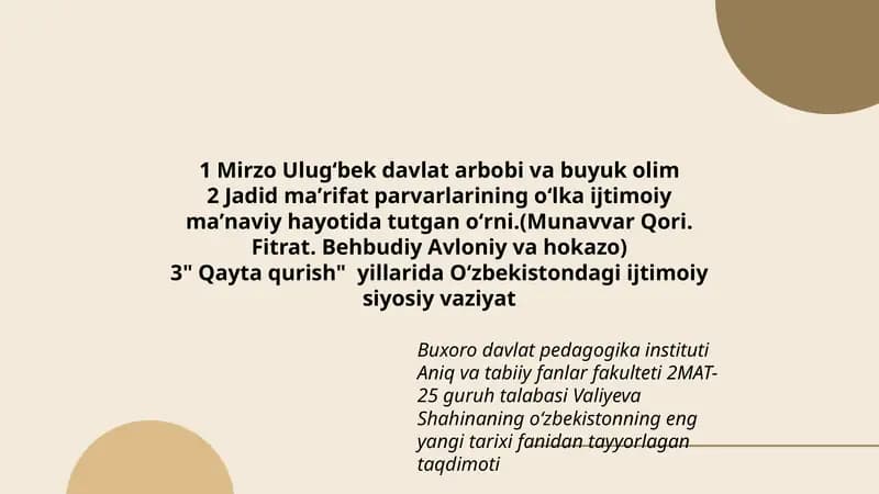 Oʻzbekistonning eng yangi tarixi fanidan tayyorlagan taqdimoti