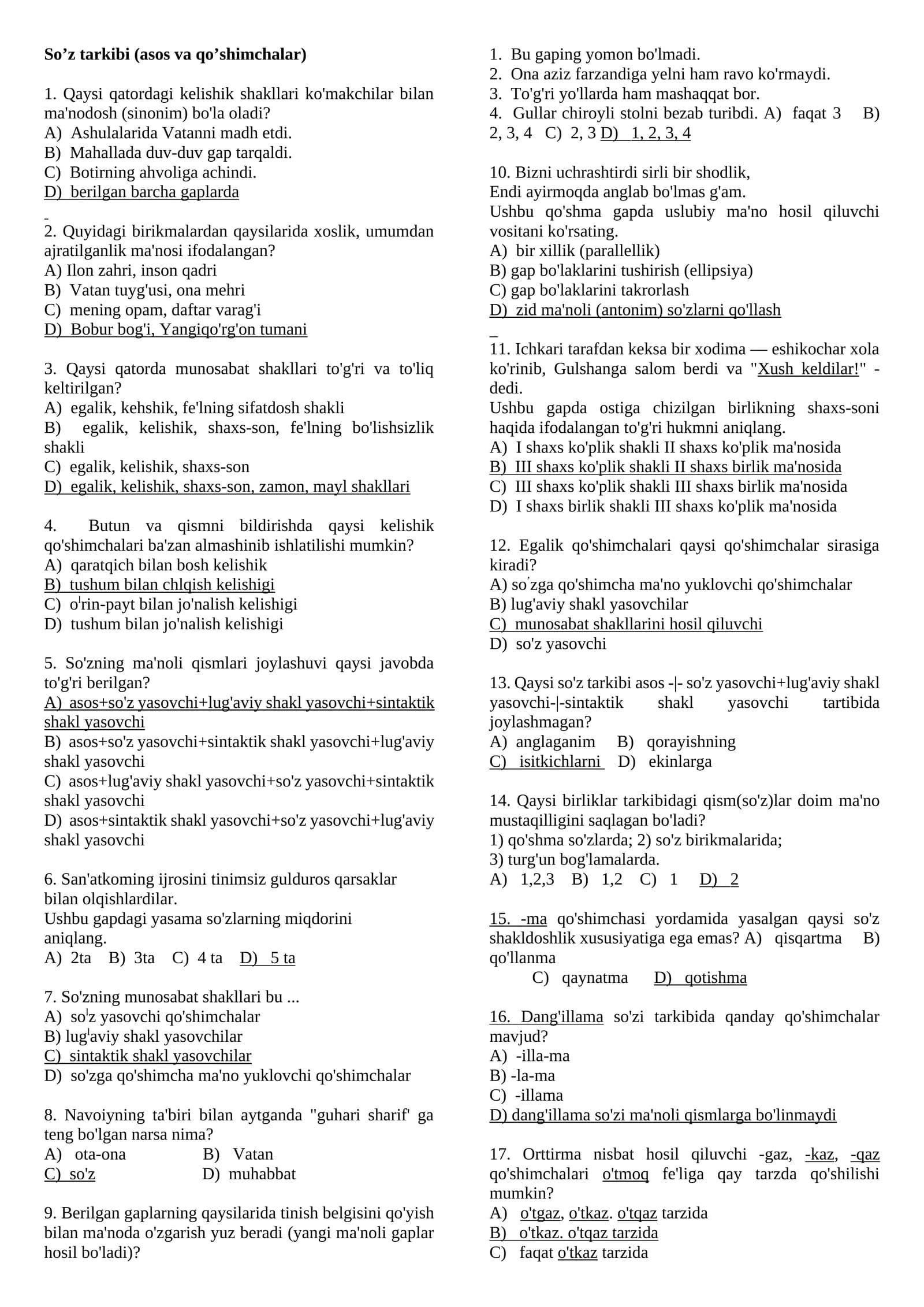 So’z tarkibi (asos va qo’shimchalar) testlar