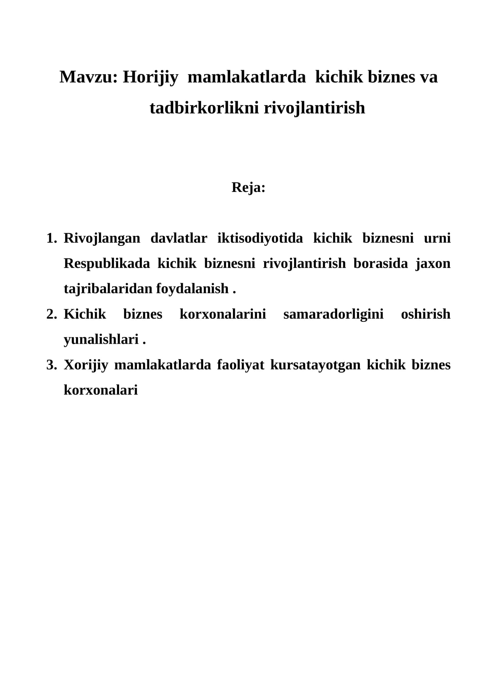 Xorijiy mamlakatlarda kichik biznes va tadbirkorlikni rivojlantirish