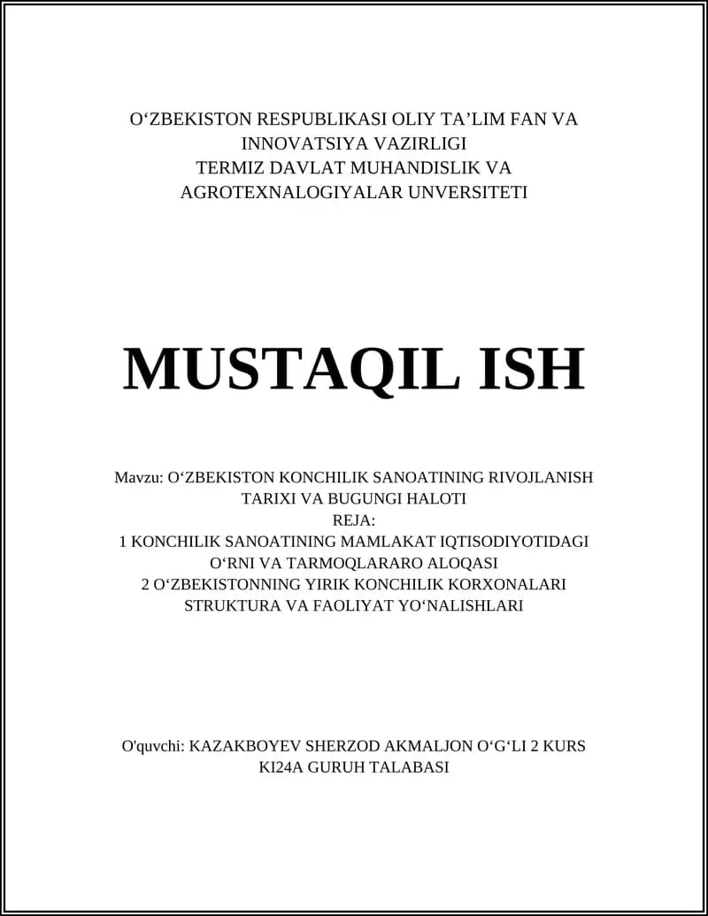 OʻZBEKISTON KONCHILIK SANOATINING RIVOJLANISH TARIXI VA BUGUNGI HALOTI