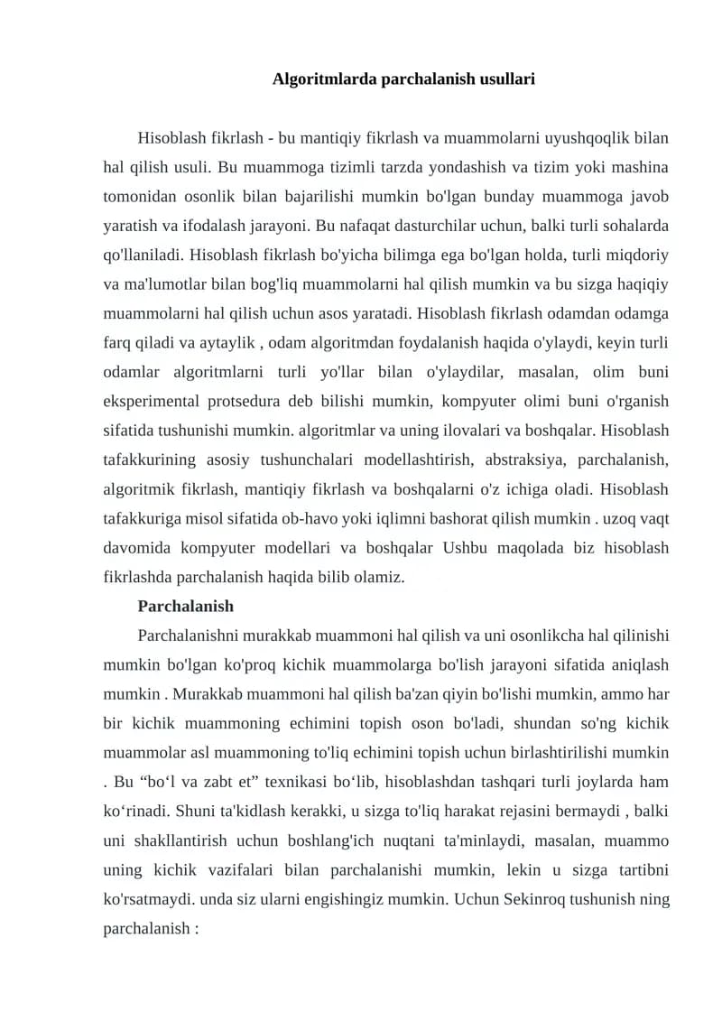 Algoritmlarda parchalanish usullari