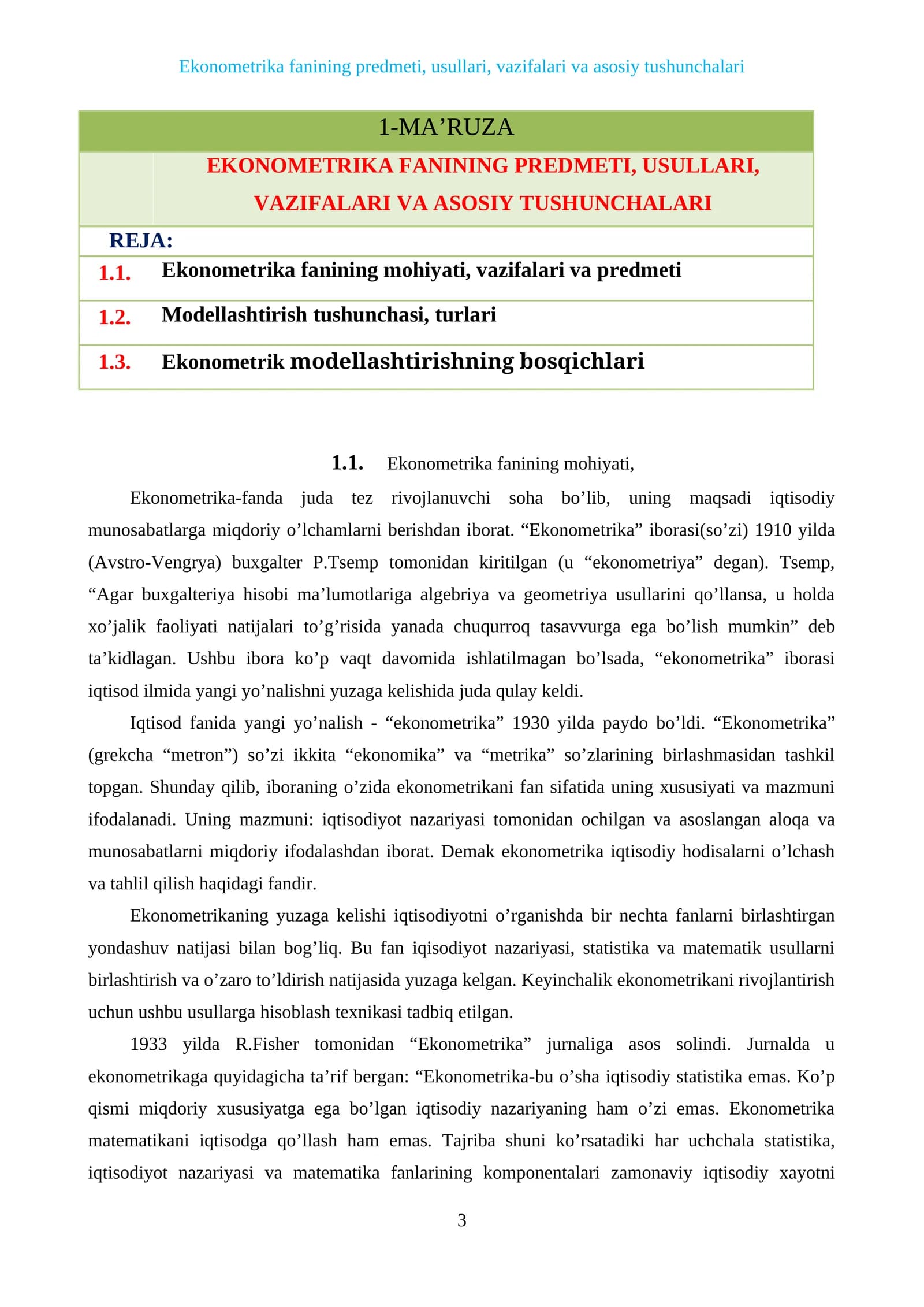 Ekonometrika fanining predmeti, usullari, vazifalari va asosiy tushunchalari