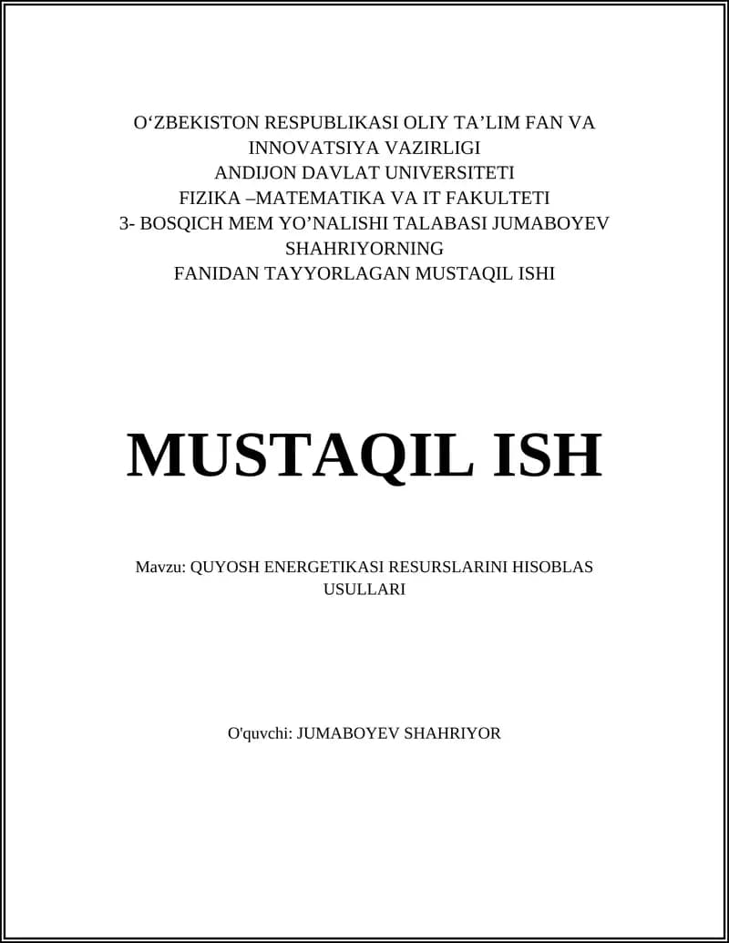 QUYOSH ENERGETIKASI RESURSLARINI HISOBLAS USULLARI