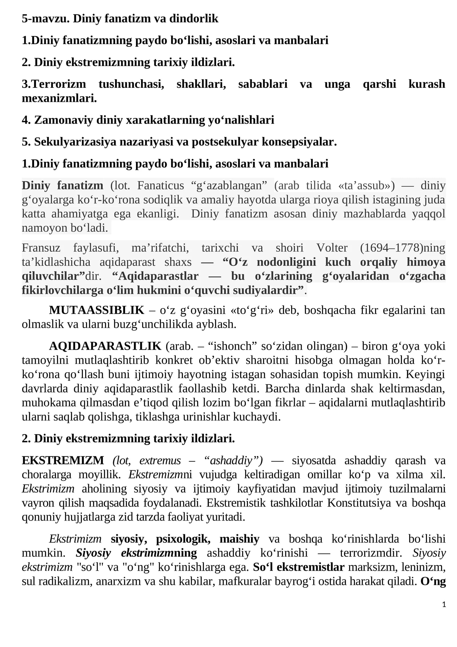 5-mavzu. Diniy fanatizm va dindorlik
