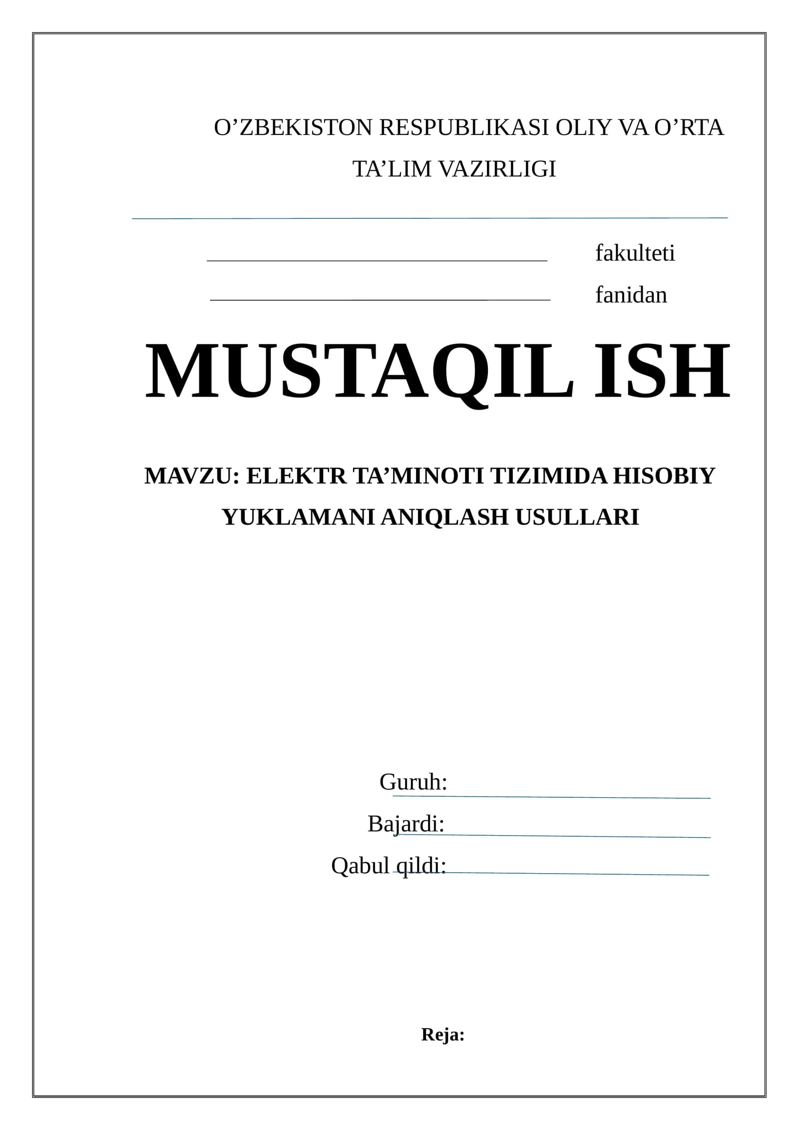 ELEKTR TA’MINOTI TIZIMIDA HISOBIY YUKLAMANI ANIQLASH USULLARI