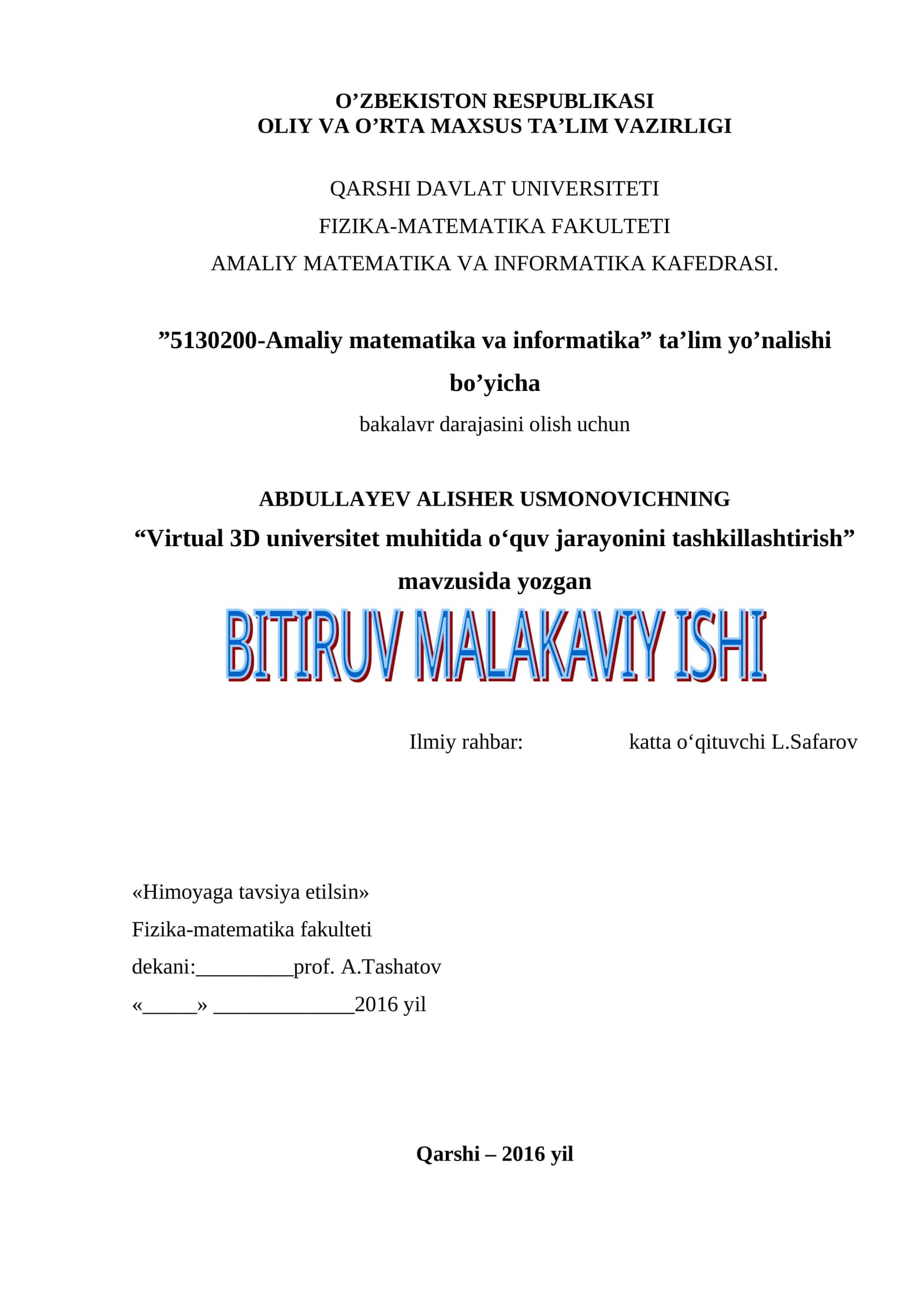 Virtual 3D universitet muhitida oʻquv jarayonini tashkillashtirish