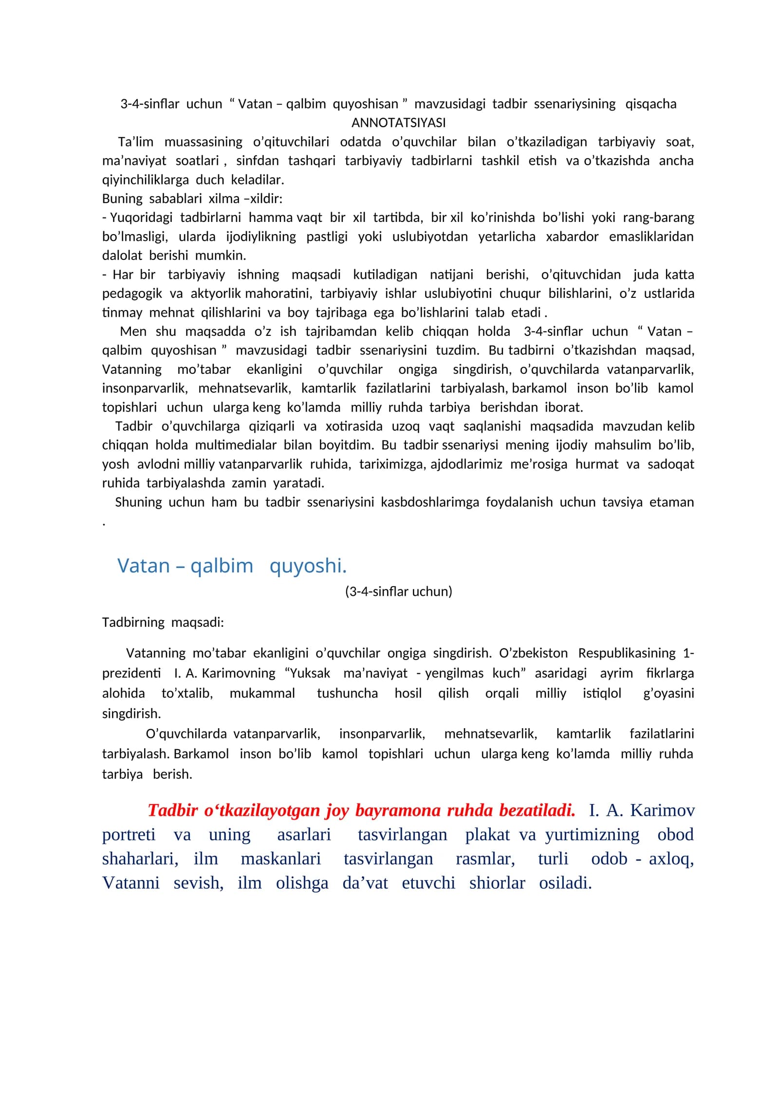 3-4-sinflar uchun “ Vatan – qalbim quyoshisan ” mavzusidagi tadbir ssenariysi