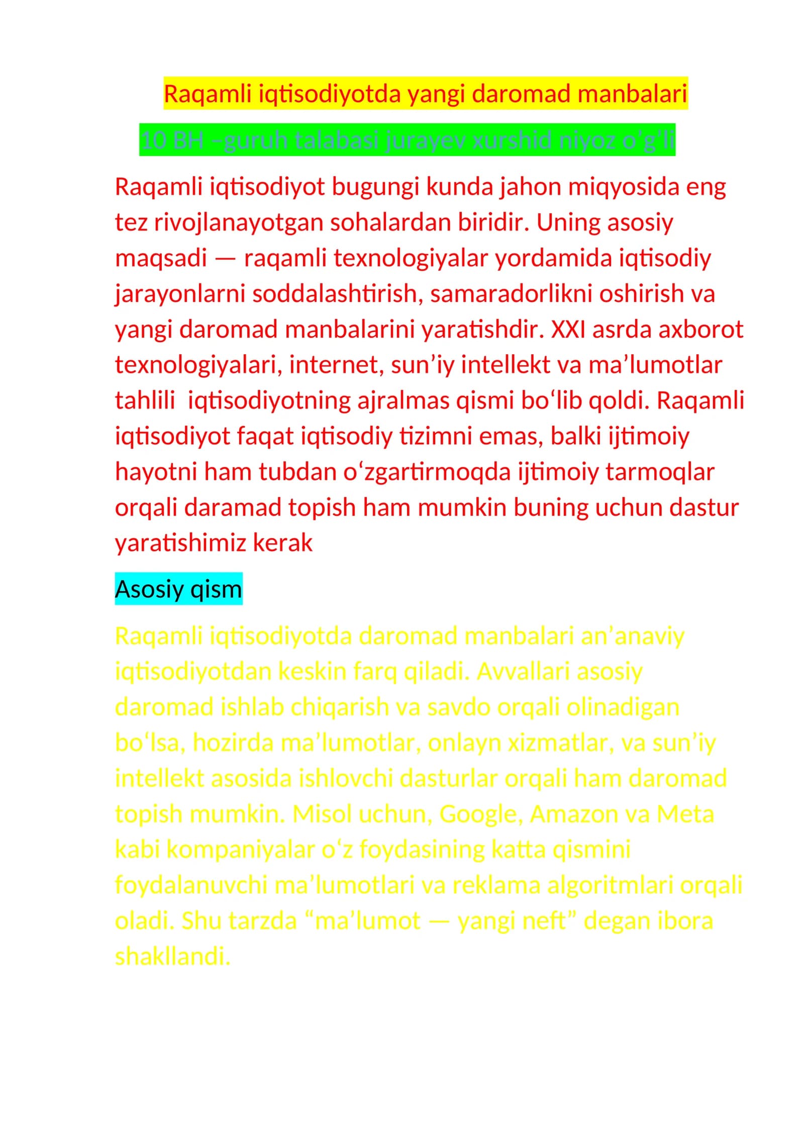 Raqamli iqtisodiyotda yangi daromad manbalari