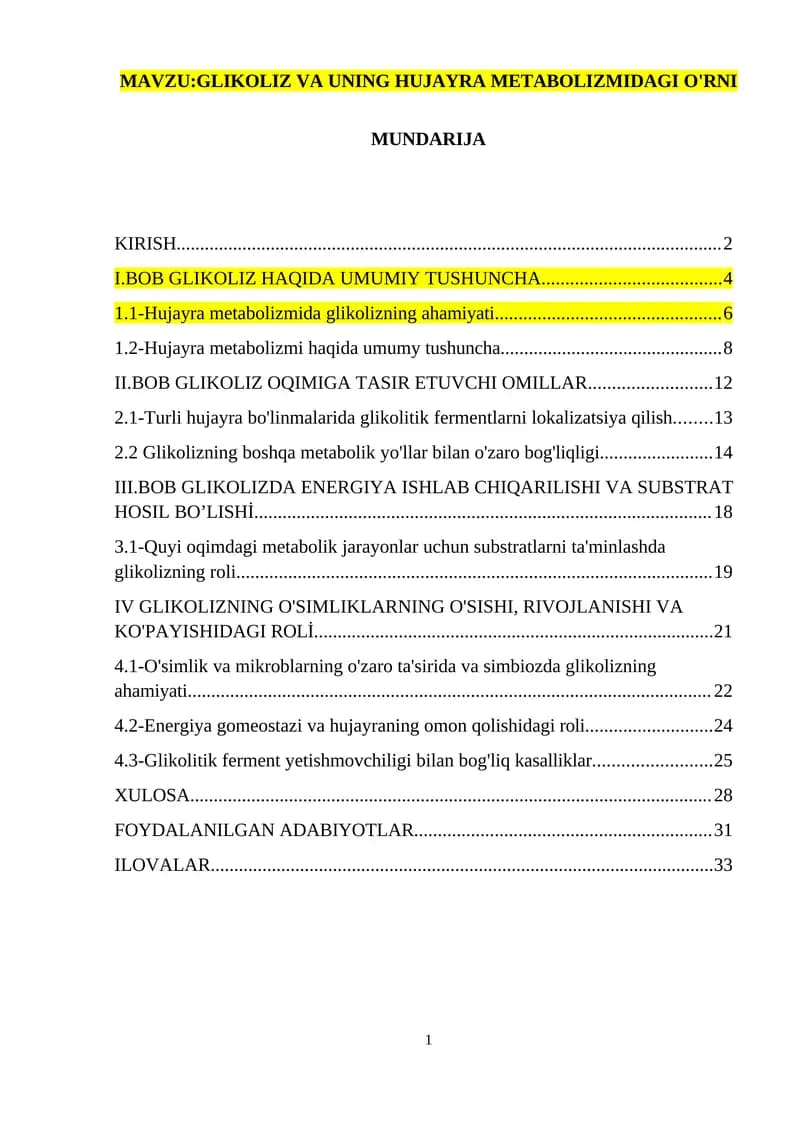 GLIKOLIZ VA UNING HUJAYRA METABOLIZMIDAGI O'RNI