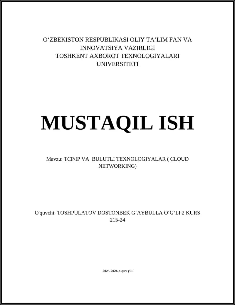 TCP/IP VA BULUTLI TEXNOLOGIYALAR ( CLOUD NETWORKING)