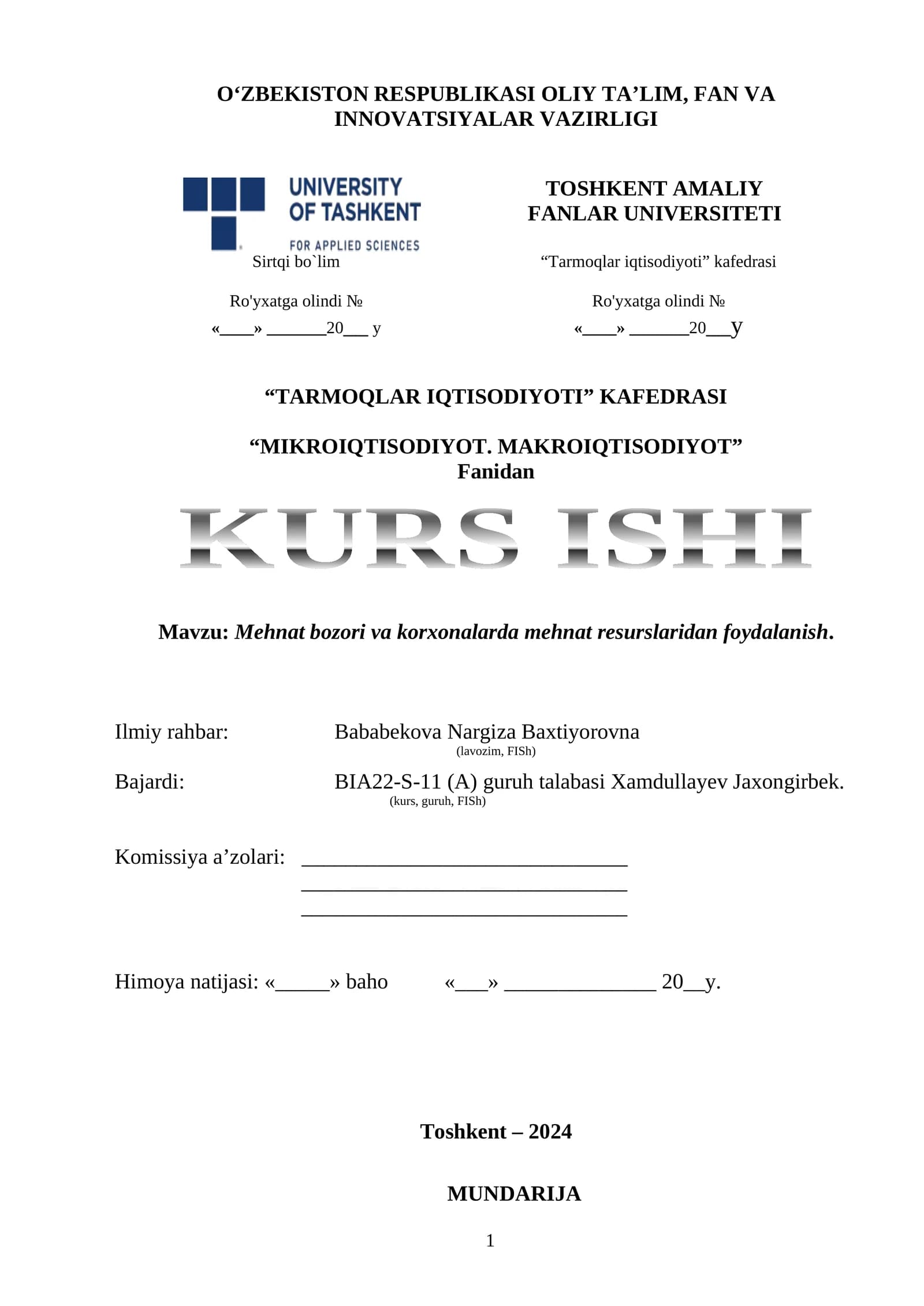 Mehnat bozori va korxonalarda mehnat resurslaridan foydalanish