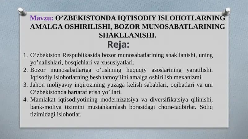 O’ZBEKISTONDA IQTISODIY ISLOHOTLARNING AMALGA OSHIRILISHI, BOZOR MUNOSABATLARINING SHAKLLANISHI