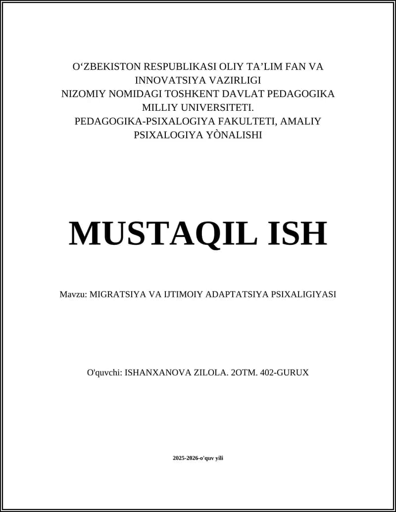 MIGRATSIYA VA IJTIMOIY ADAPTATSIYA PSIXALIGIYASI