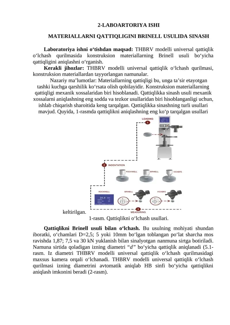 Qattiqlikni Brinell usuli bilan o‘lchash