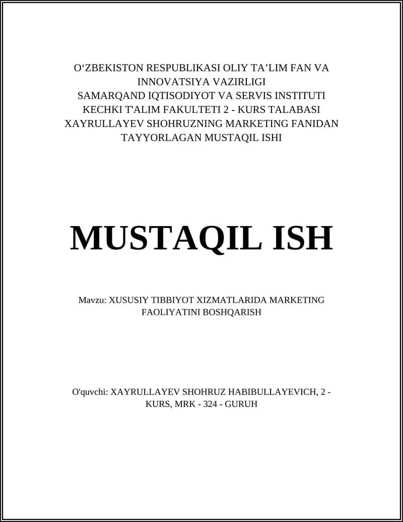XUSUSIY TIBBIYOT XIZMATLARIDA MARKETING FAOLIYATINI BOSHQARISH